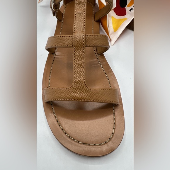 NIB Prada Women's Brown Leather Gladiator Sandals 1X096M With Silk Scarf Size 37 - Picture 9 of 16